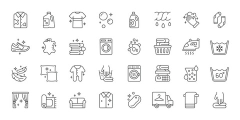 Obraz na płótnie Canvas Laundry icons in line design. laundry, washing, clothes, detergent, dryer, ironing, basket on white background vector. Laundry editable stroke icons.