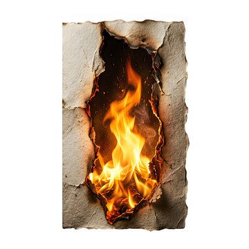 Burning paper flames consume a torn sheet against a dark background