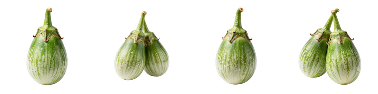 Close up of fresh thai eggplants with water droplets set against a black backdrop