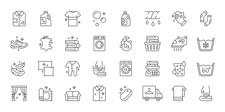 Laundry icons in line design. laundry, washing, clothes, detergent, dryer, ironing, basket on white background vector. Laundry editable stroke icons.