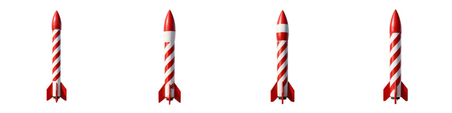 Four model rockets display a red and white color scheme on a black background