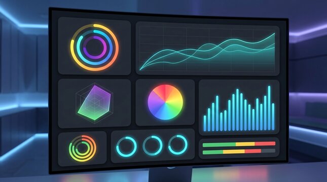 Futuristic digital data dashboard with glowing neon charts and graphs in a modern dark room