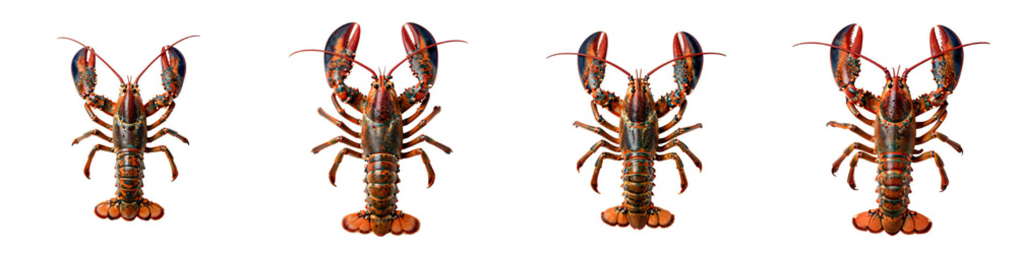 Four colorful lobsters displayed on a black background present a unique underwater pattern