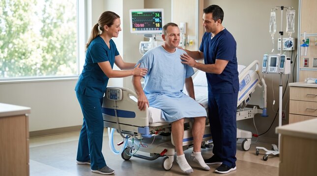 Nurses helping recovering patient stand beside intensive care bed. Concept of early mobilization for rehabilitation services and recovery programs.
