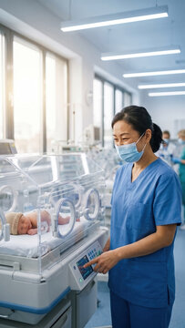 Masked nurse checking premature baby in neonatal intensive care unit. Concept of newborn care for pediatric campaigns and nursing recruitment.