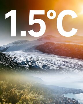 1.5&deg;C global warming threshold with melting ice and drought landscape, illustrating combined climate change impacts for environmental reports, campaigns and climate communication