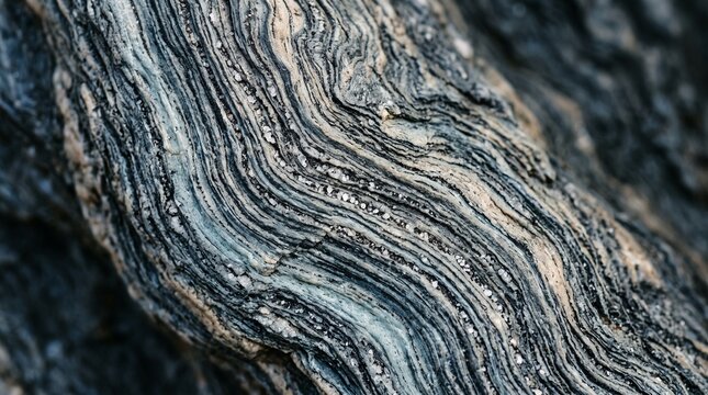Close up macro texture of natural dark gray and beige layered metamorphic rock surface patterns