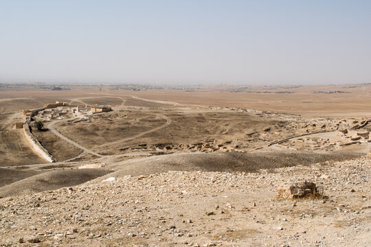 Arid desert landscape with archaeological ruins at Tel Arad, Israel