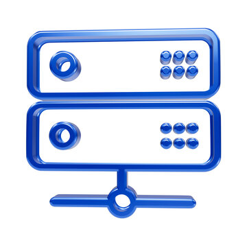 Glossy blue 3d data center server with network connection lines on a black background, rack database