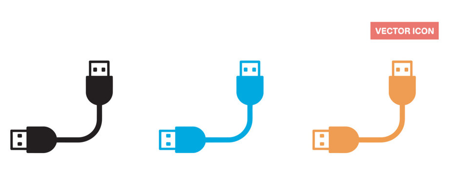USB cable icon set, black blue orange technology cables with type a lightning type c port symbols isolated on white background vector