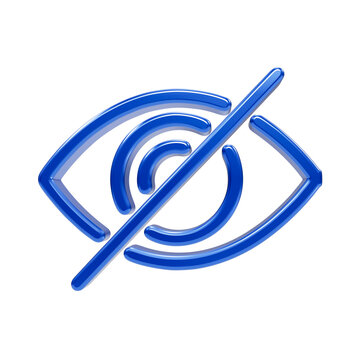 Glossy blue 3d eye with a diagonal slash line representing invisibility, privacy mode, or hidden invisible