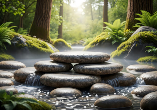 Zen stone stack in lush forest stream natural wellness scene