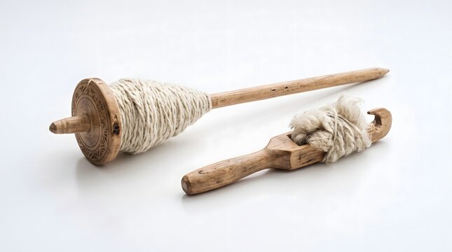 Traditional wooden spindle spinning tool wrapped in natural white wool fiber next to a rustic distaff on clean white studio background for old craft projects