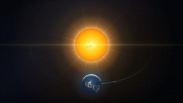 Earth and moon orbiting the sun in a simplified solar system animation against starry space