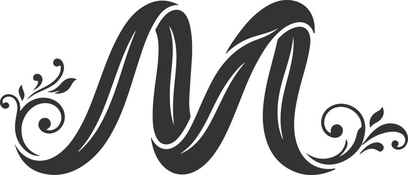 Elegant floral letter m monogram in black ribbon style with vintage botanical curls and leaves for luxury branding identity.
