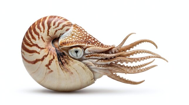 A chambered nautilus with striped shell and extended tentacles isolated on a clean white background