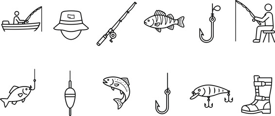  Fishing gear equipment line icons set featuring fisherman rod boat hook lure float fish boots vector symbols © Md