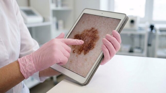 Close-up of a dermatologist wearing pink gloves pointing at a zoomed-in image of a suspicious skin mole on a digital tablet in a medical clinic.