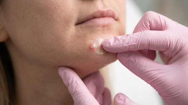 Extreme close-up of a dermatologist wearing pink gloves carefully placing a transparent hydrocolloid pimple patch over a red spot on a patient's chin.