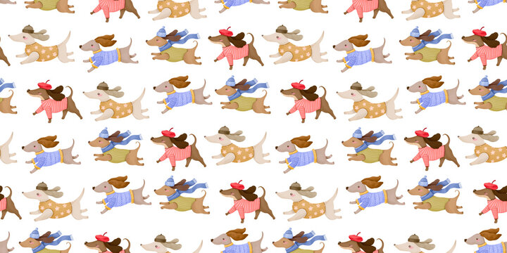 Cute seamless pattern filled with various watercolor dachshund dogs dressed in colorful winter clothes, scarves, and hats. 