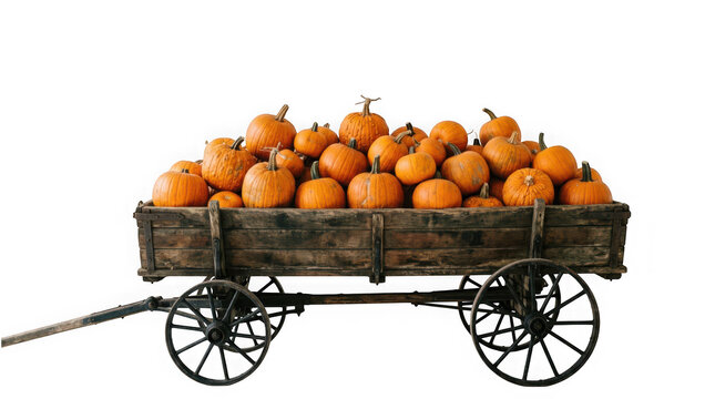 Rustic wooden wagon filled with many orange pumpkins isolated on transparent background