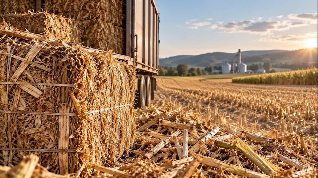 Agricultural waste biofuel straw bale harvest field sunset with truck in rural farm landscape for SEO search visibility