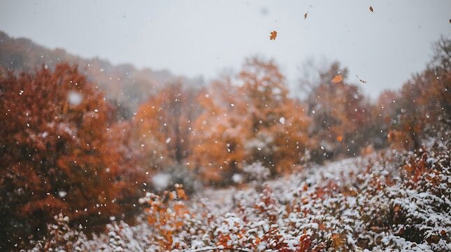Beautiful First Snowfall Over Autumn Foliage