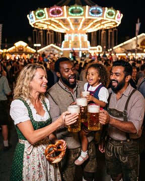 Multicultural family toasting beer while child enjoys Oktoberfest fair. Concept of family celebration, inclusion and festive leisure.
