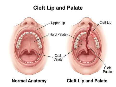 Cleft Lip and Palate Medical Illustration Comparing Normal Infant Oral Anatomy and Congenital Deformity Diagram Isolated