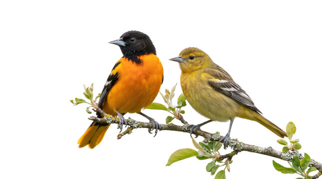 Baltimore oriole pair perched on a branch, male and female songbirds on white background, vibrant orange and yellow birds