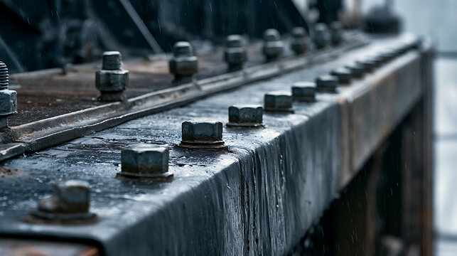 Row of heavy wet industrial steel bolts fastened along canal lock gate girder