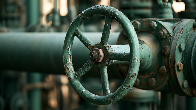 Close-up of weathered green industrial shutoff valve wheel on river piping system