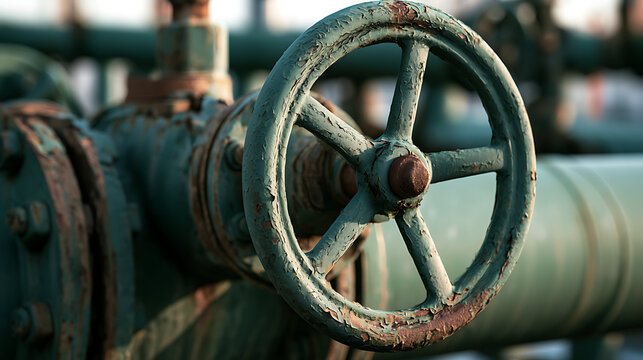 Weathered green cast iron industrial valve handwheel on outdoor fluid pipeline