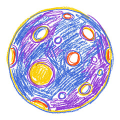 Fototapeta premium Hand Drawn Colorful Wax Crayon Illustration of a Mysterious Planet with Circular Craters on a Simple Isolated White Background