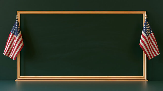 Chalkboard framed by two American flag in classroom setting with space for education message and patriotic learning theme