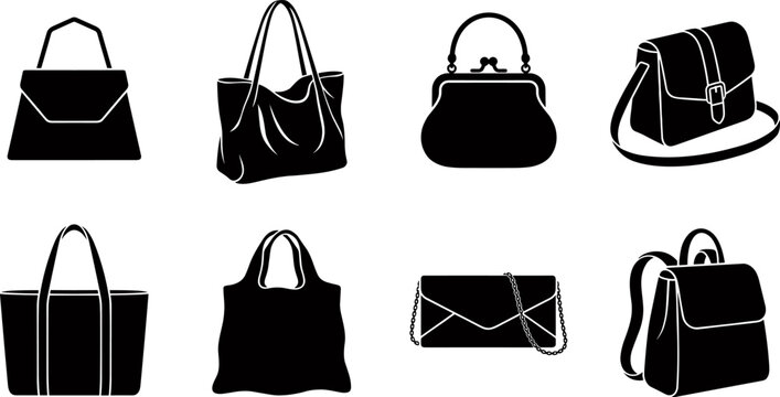 Women fashion bags black silhouettes set including handbag tote shoulder bag clutch backpack purse isolated on white background vector illustration,