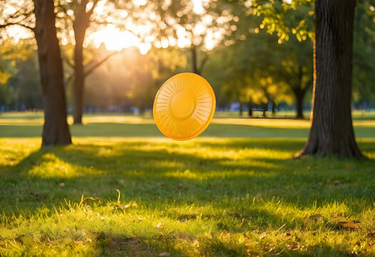 Active lifestyle and outdoor recreation, yellow flying disc in mid-air during sunset in a park for summer leisure and family fun sports activity
