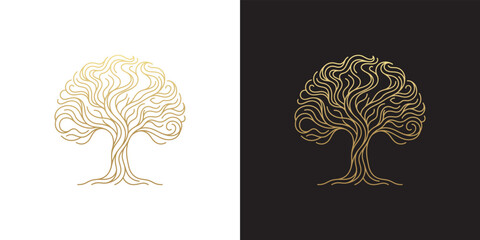 Fototapeta premium Minimalist Golden Tree Illustration with Intricate Linear Pattern for Modern Brand Identity and Luxury Decorative Graphic Design Elements