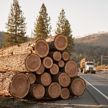 Large freshly cut timber logs stacked beside rural road in forested mountain landscape under warm sunlight