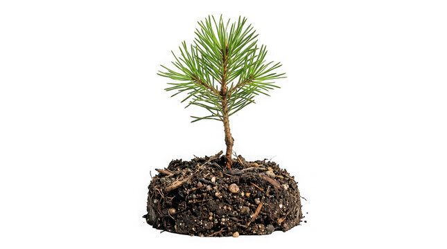 Small young pine tree sapling with roots and soil clump isolated on transparent background