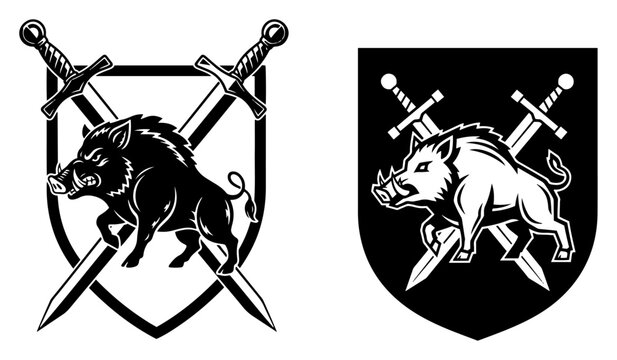 Heraldic wild boar crest with crossed swords and shield, medieval hog hunting logo mascot emblem vector
