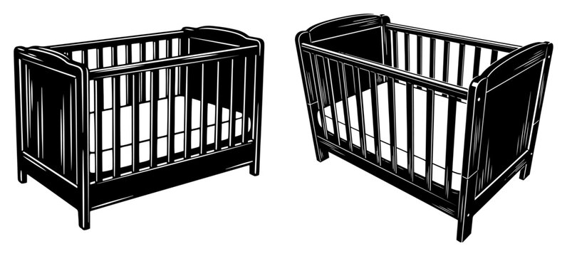 Baby cribs and nursery cots set, wooden furniture for infants woodcut style vector illustration