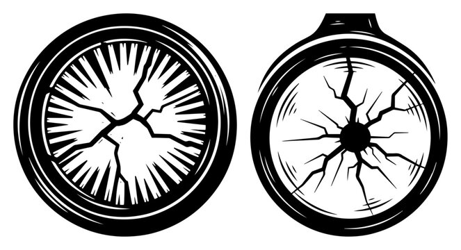 Broken compass and cracked watch face silhouette, damaged glass lens in woodcut style vector illustration