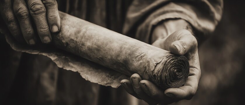 Ancient scroll held in weathered hands.