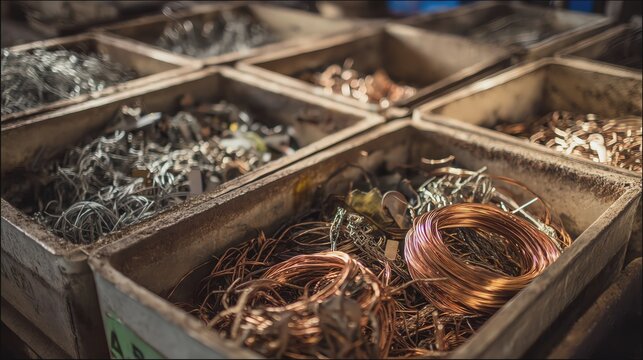 Assorted scrap metal in wooden containers.