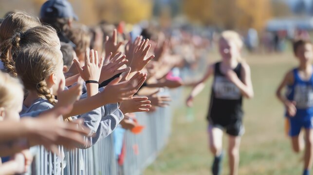 Cheering crowd supports young runners in race.