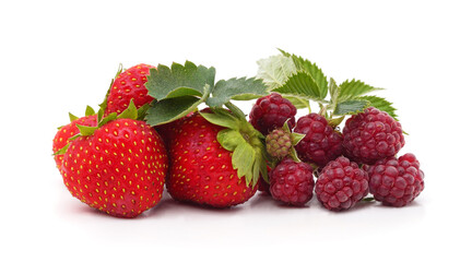 Fresh ripe strawberries and raspberries with leaves isolated on a white background. © voren1