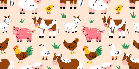 Obraz premium Vector colorful farm animal pattern with horse, cow, sheep, goat, pig, chicken, goose and chick. Print, seamless pattern, background for nursery and textile design.