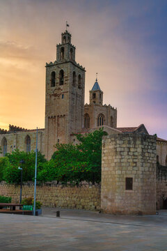 Sant Cugat Monastery Tower Sunset View Catalonia Spain