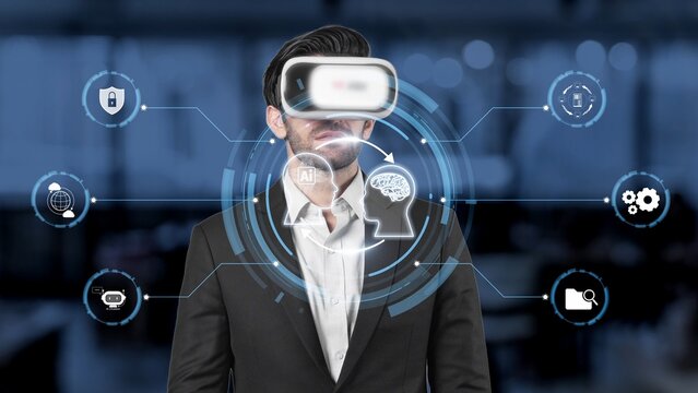 A businessman engages with a virtual reality headset in a modern office, exploring AI technologies through immersive digital graphics and network interactions. Raster